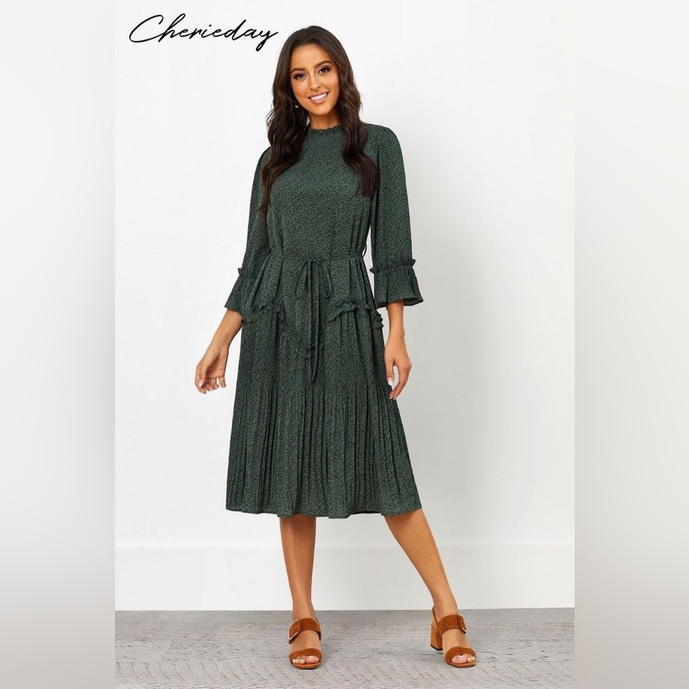 Bohme Green Boho Cottagecore Tiered Midi Dress